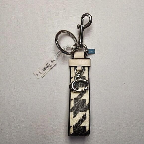 NWT COACH CK069 Loop Bag Charm Houndstooth Print Key Chain FOB Cream/Black